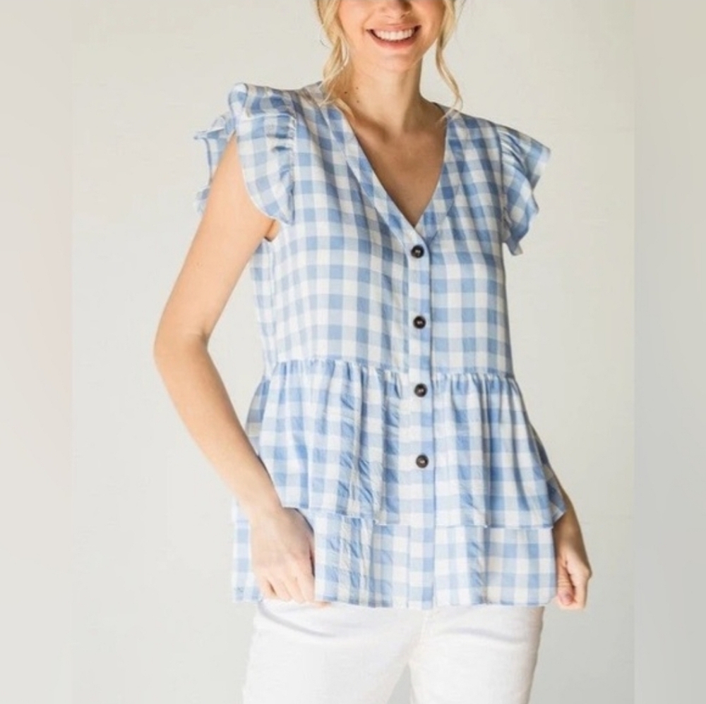 Jodifl Blue White Gingham Babydoll Top Large Puff Sleeve Peplum Blouse